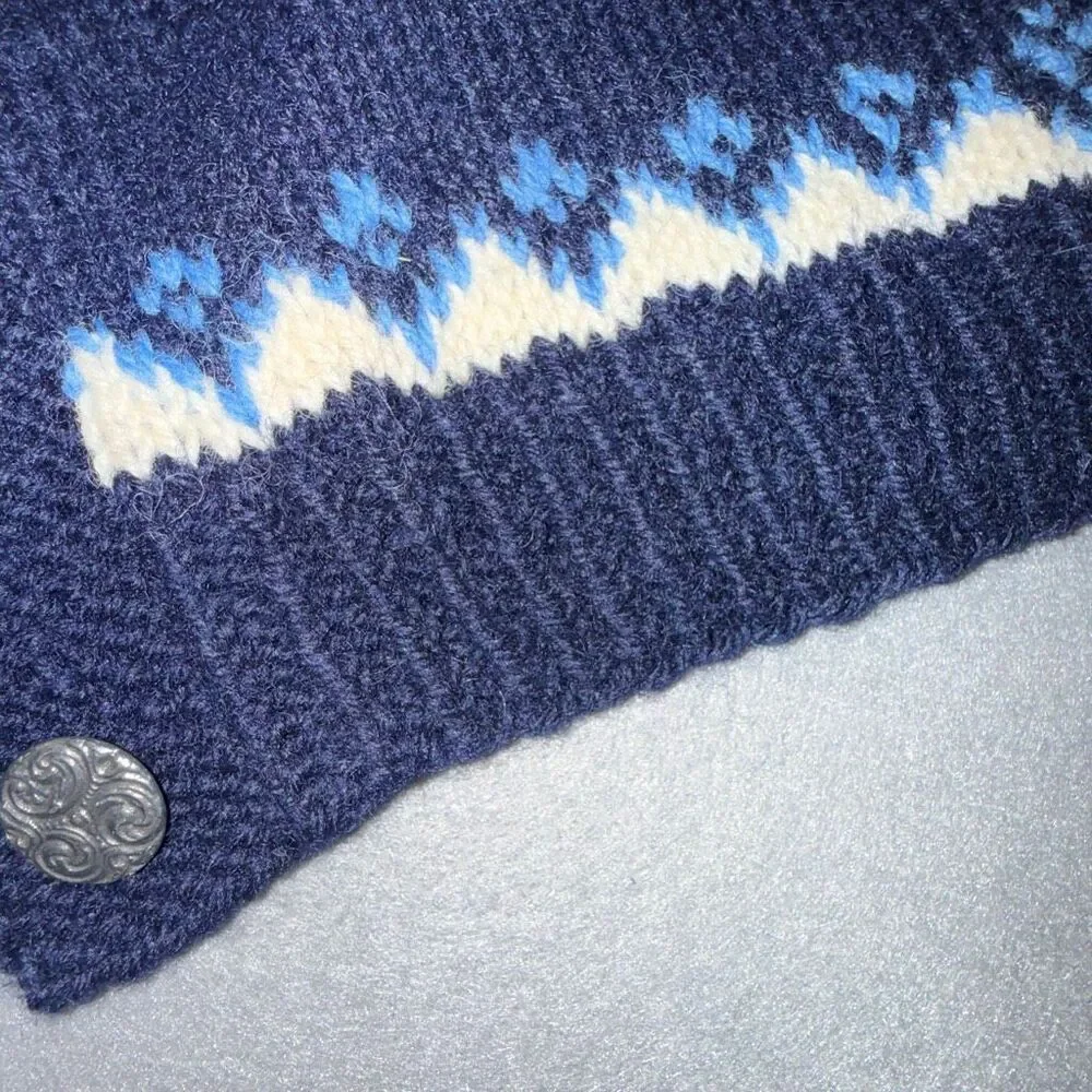Vintage Norwegian Hand Knit Wool Cardigan Fair Isle Nordic Blue Button Front Wom - Picture 10 of 11